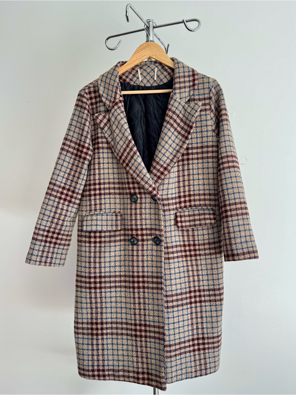 Modern Plaid Double-Breasted Pea Coat in Brown, Beige & Blue.